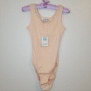 90s Vintage Bodysuit By Together! Peach  Ribbed Tank Lace Trim Henley NWT NOS